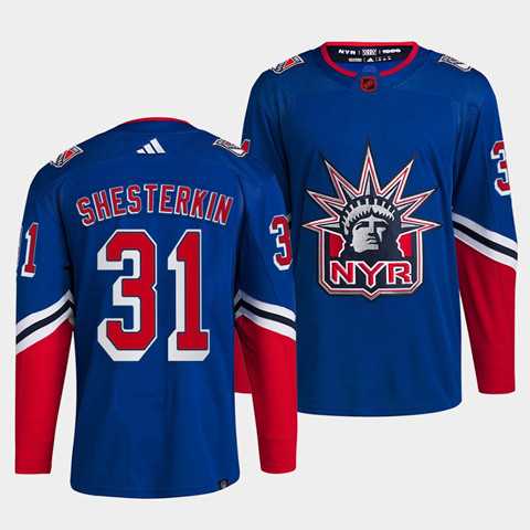 Men%27s New York Rangers #31 Igor Shesterkin Blue 2022 Reverse Retro Stitched Jersey Dzhi->new york rangers->NHL Jersey